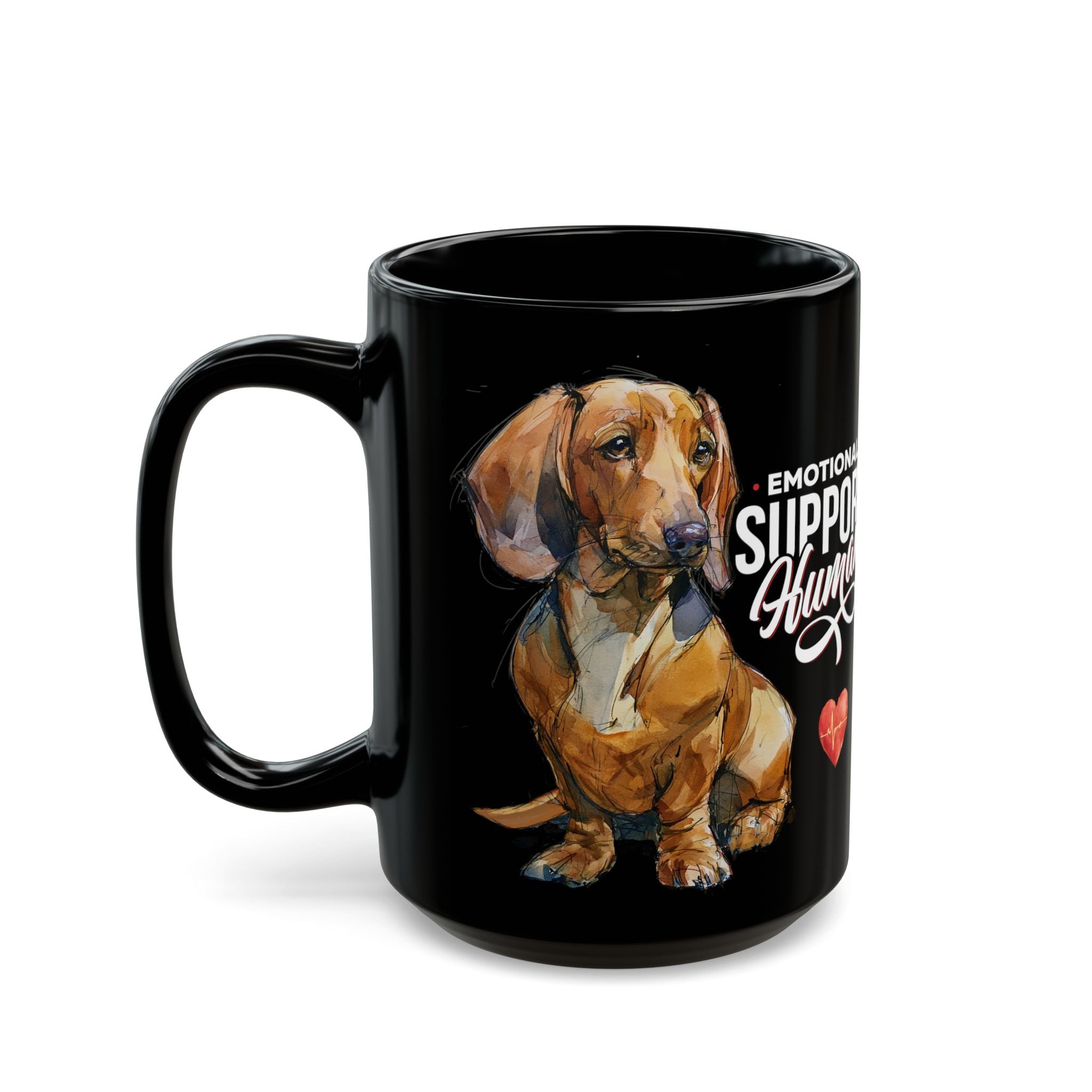Red Dachshund Emotional Support Human Mug - PERSONALIZE - Sleek Black Coffee Cup (11oz/15oz)