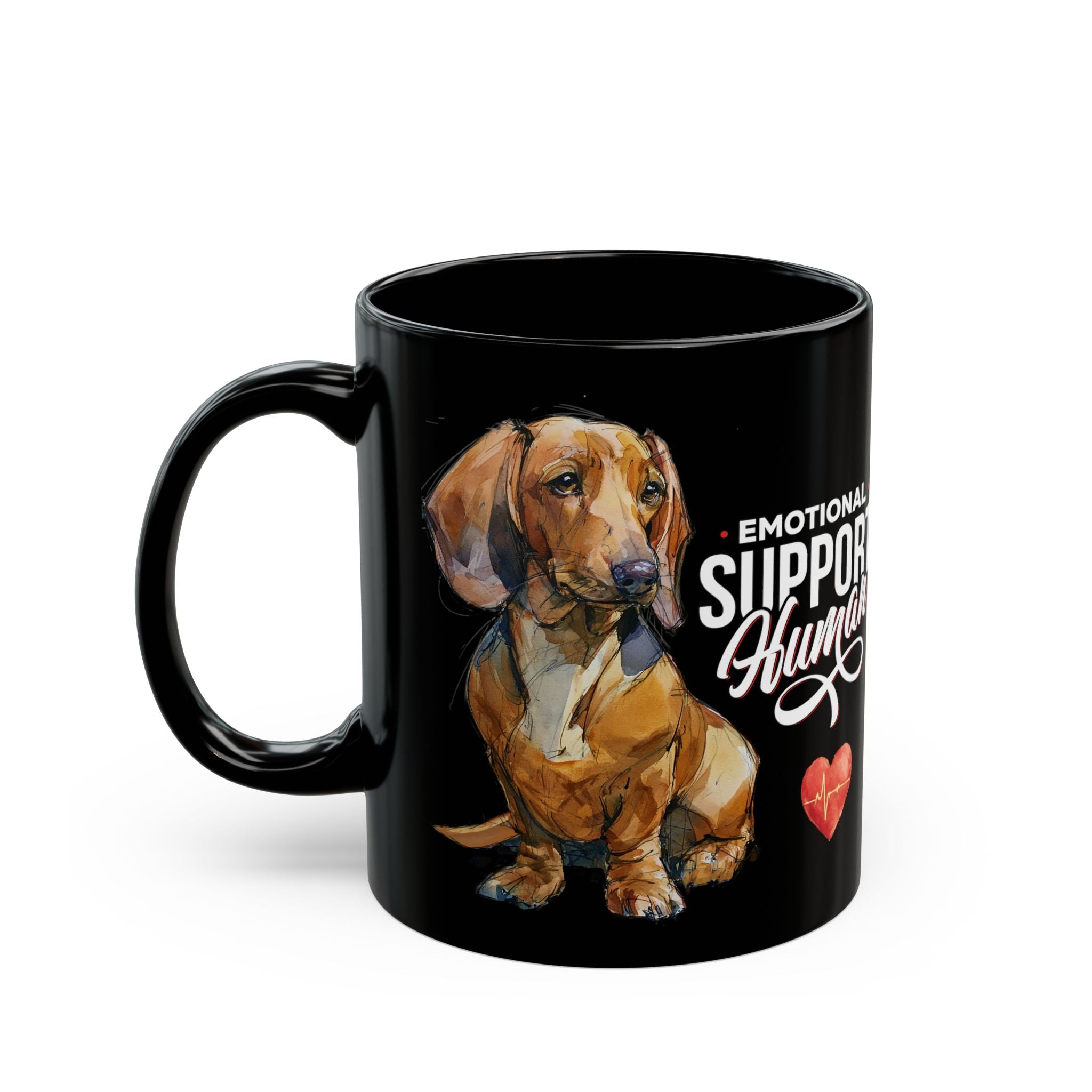 Red Dachshund Emotional Support Human Mug - PERSONALIZE - Sleek Black Coffee Cup (11oz/15oz)