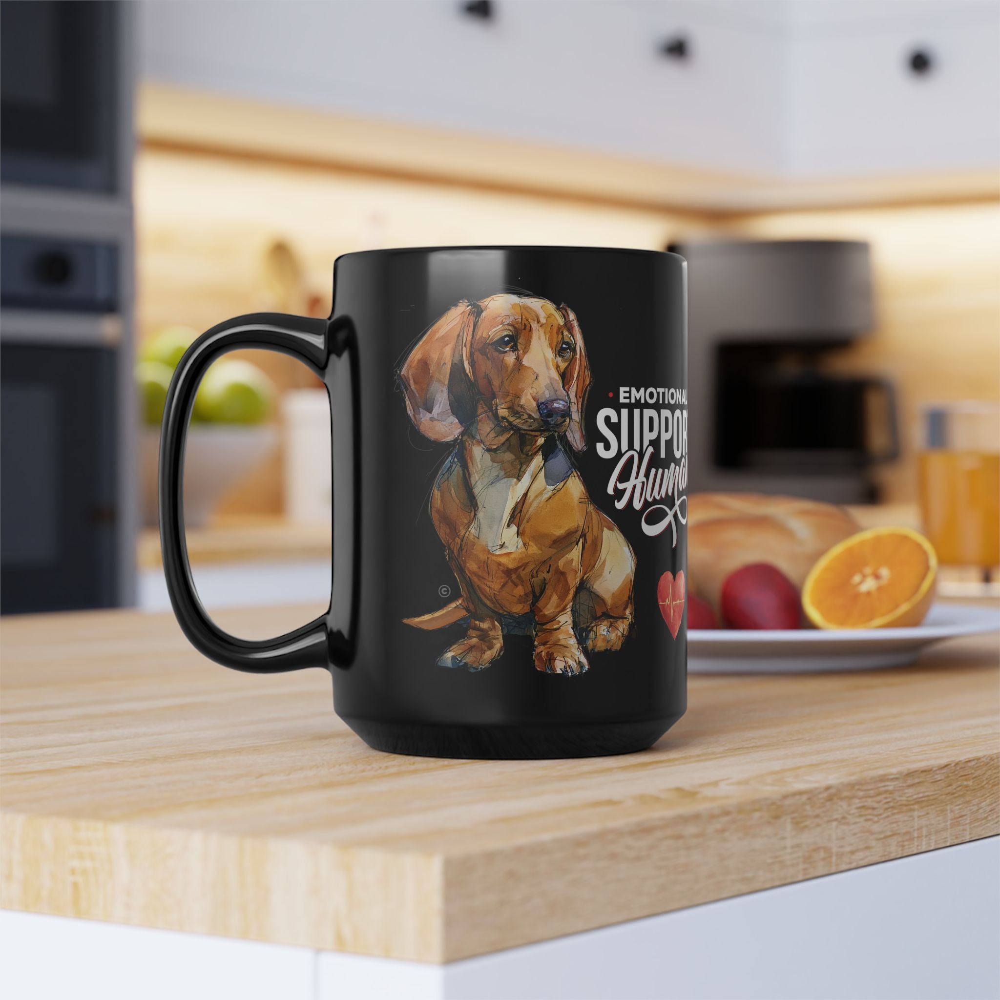 Red Dachshund Emotional Support Human Mug - PERSONALIZE - Sleek Black Coffee Cup (11oz/15oz)
