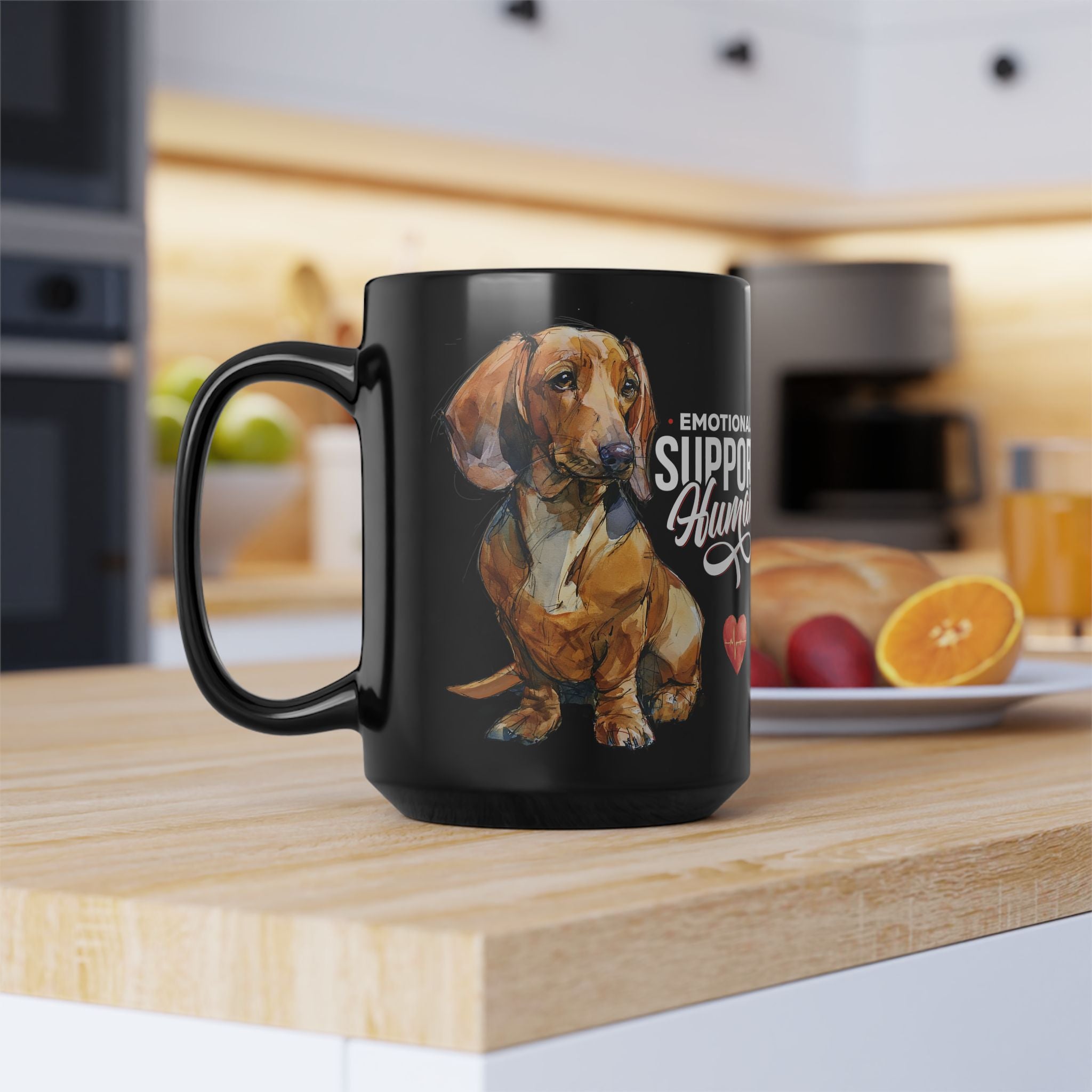 Red Dachshund Emotional Support Human Mug - PERSONALIZE - Sleek Black Coffee Cup (11oz/15oz)