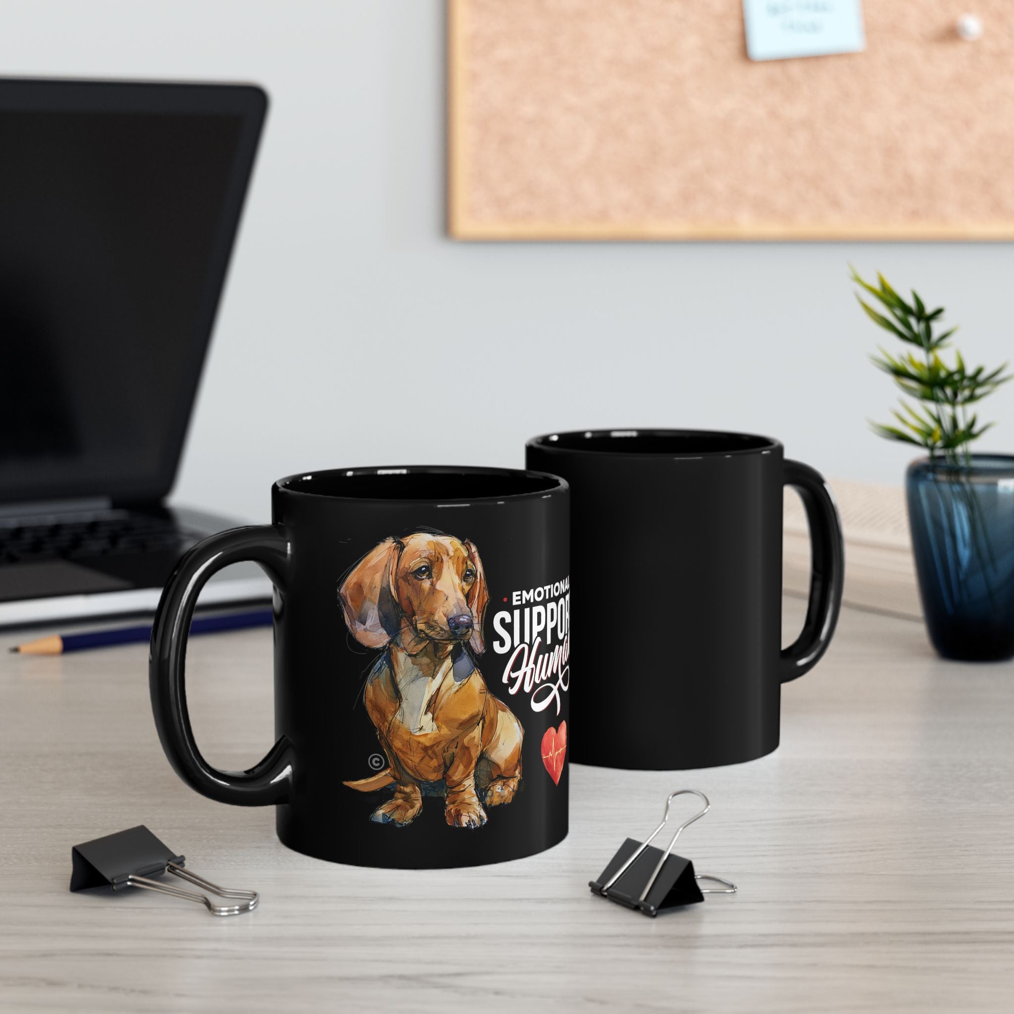 Red Dachshund Emotional Support Human Mug - PERSONALIZE - Sleek Black Coffee Cup (11oz/15oz)